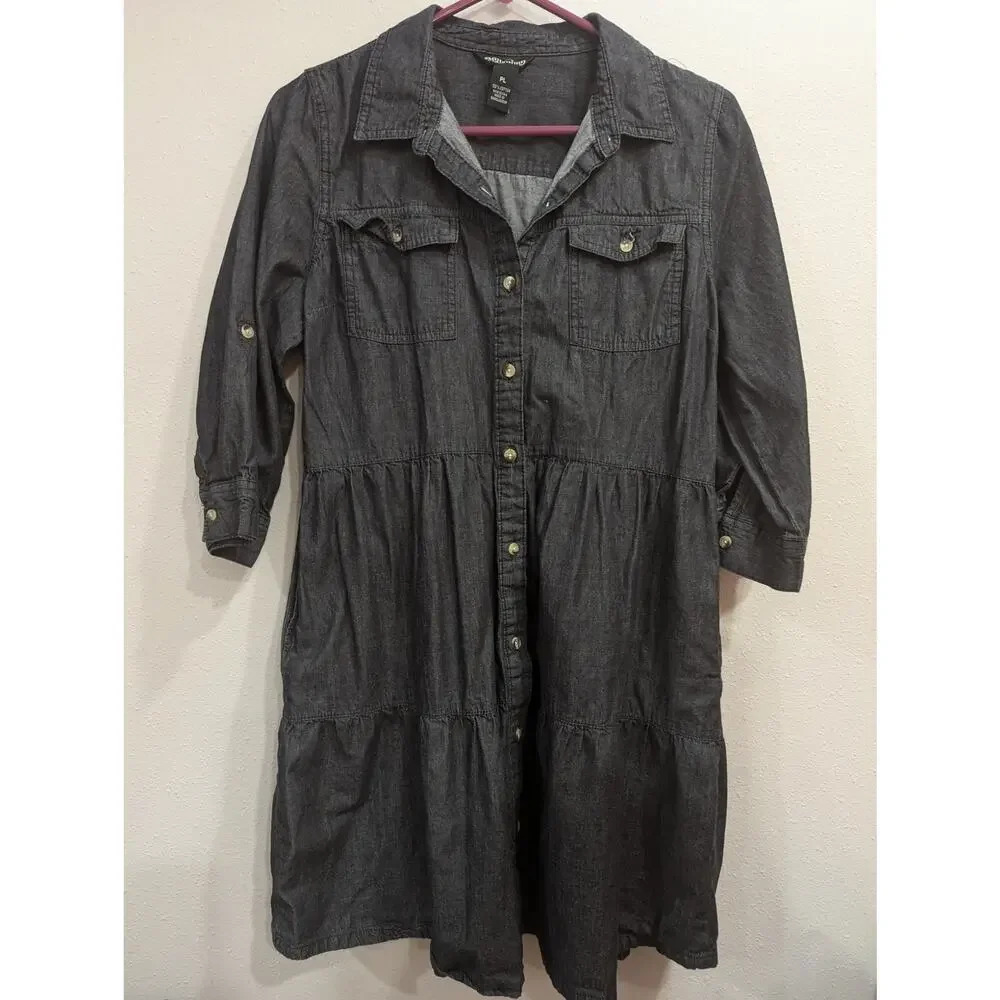 Women's roll tab sleeve dark chambray collared button up shirt dress, Millennium